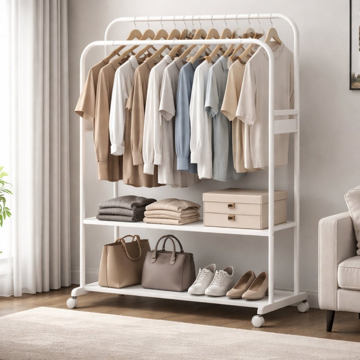 A styled white Kouvr clothing rack with neutral-toned shirts on wooden hangers, folded sweaters, a storage box, handbags, and shoes, showcasing its large capacity.