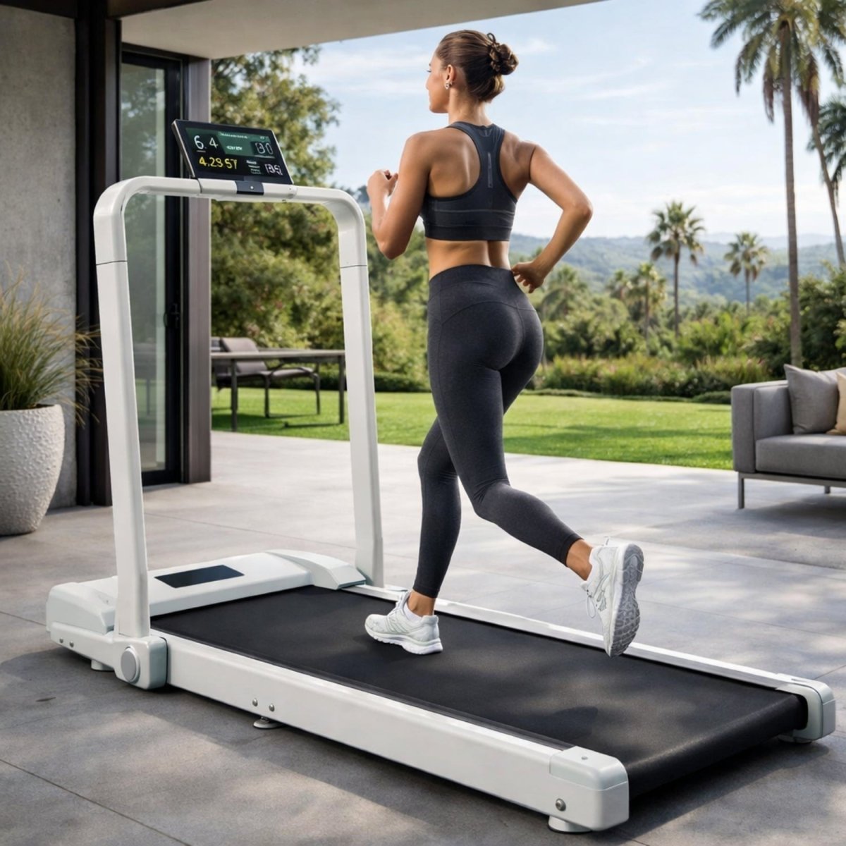 Woman using white Kouvr smart walking pad treadmill featuring digital display on a luxury outdoor patio