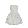 Product-only studio shot of a white strapless mini dress with a structured ruched sweetheart bodice and shimmering A-line tulle skirt.