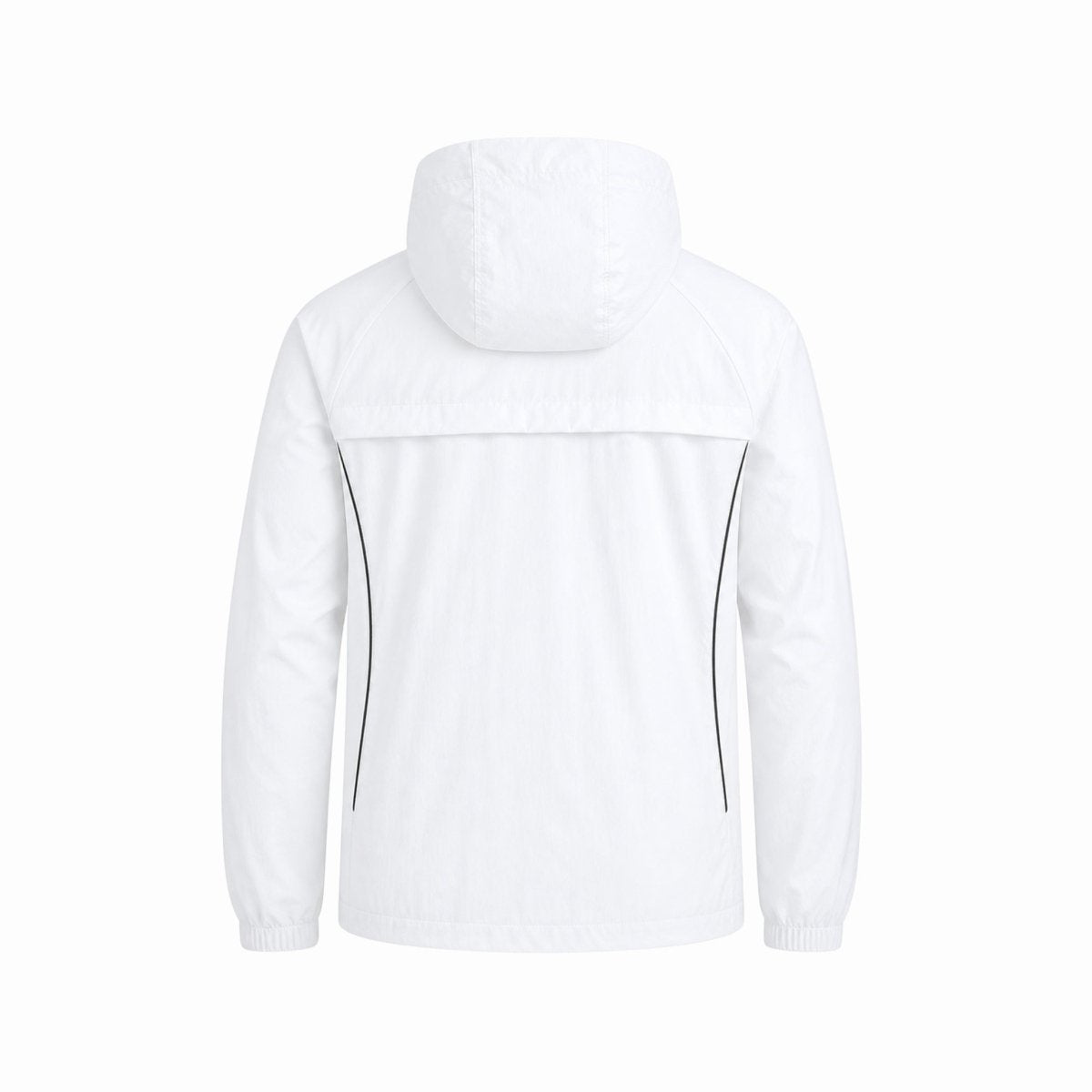 Flat lay back view of white nylon hooded jacket by Kouvr