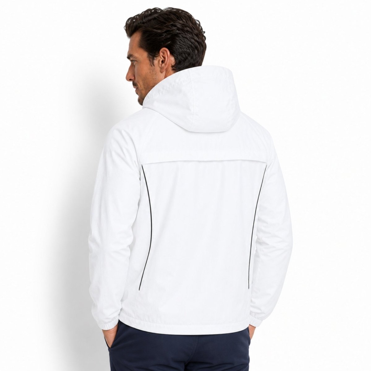 Back view of white lightweight hooded jacket showing contrast detail by Kouvr