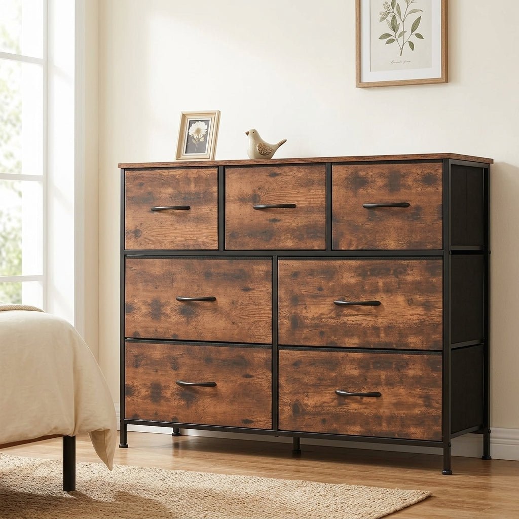 Close up of the Kouvr rustic industrial wide storage chest with the bottom left drawer open, revealing spacious capacity for bedroom organization in home