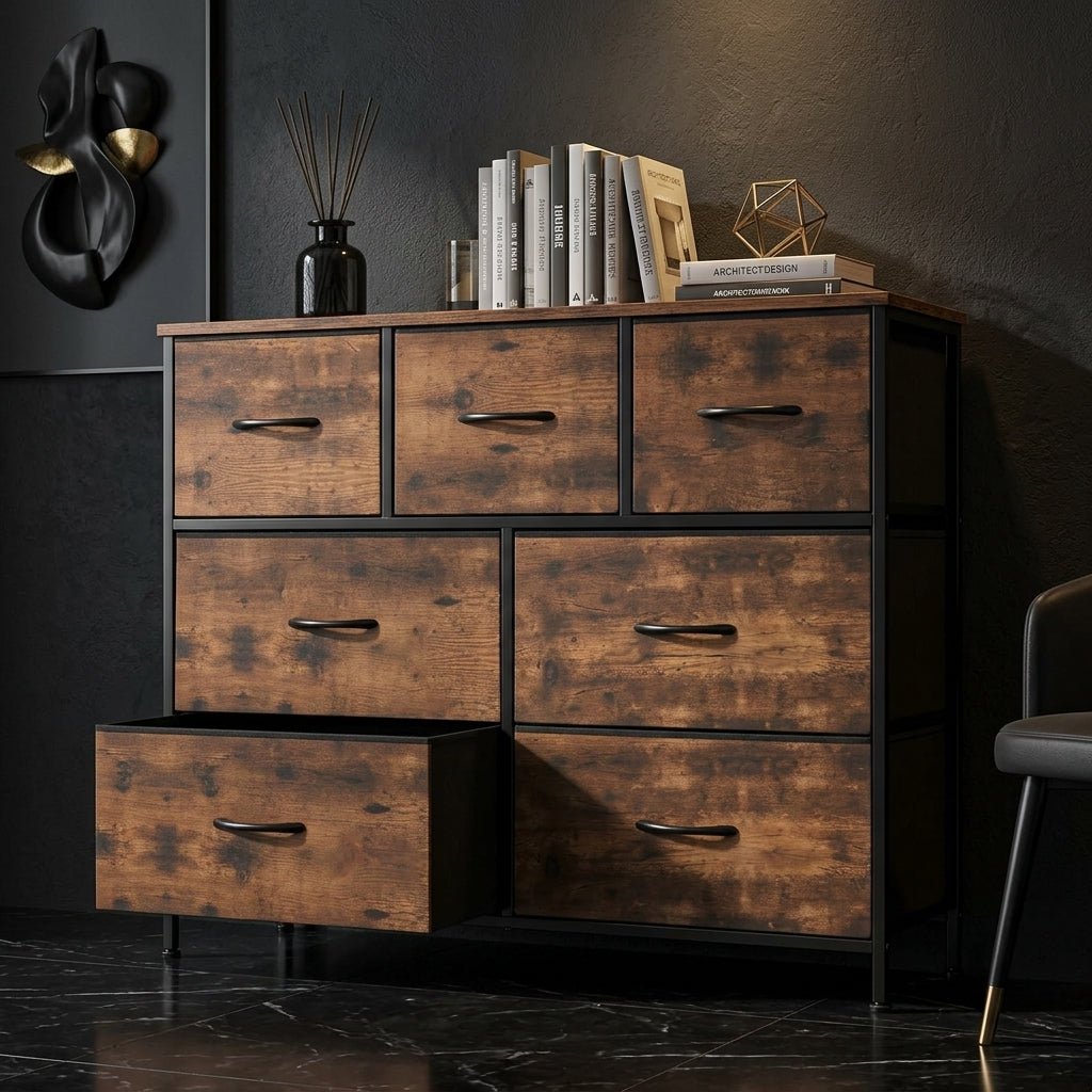 Close up of the Kouvr rustic industrial wide storage chest with the bottom left drawer open, revealing spacious capacity for bedroom organization.