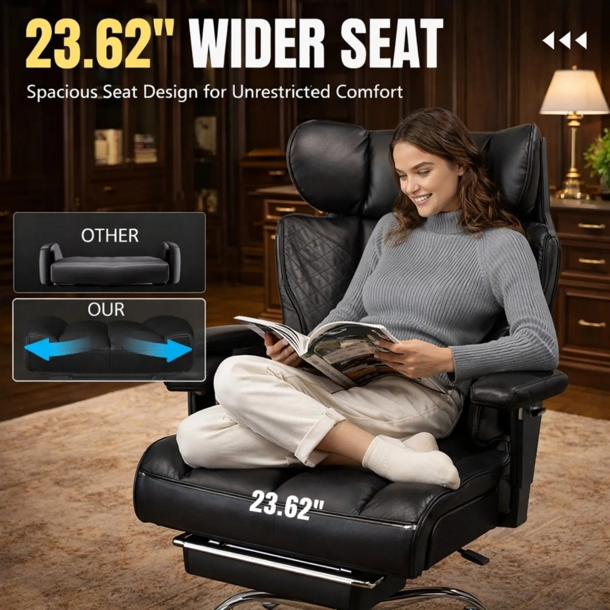 A woman relaxing comfortably in the Kouvr wide-seat office chair, demonstrating its spacious design for unrestricted comfort.
