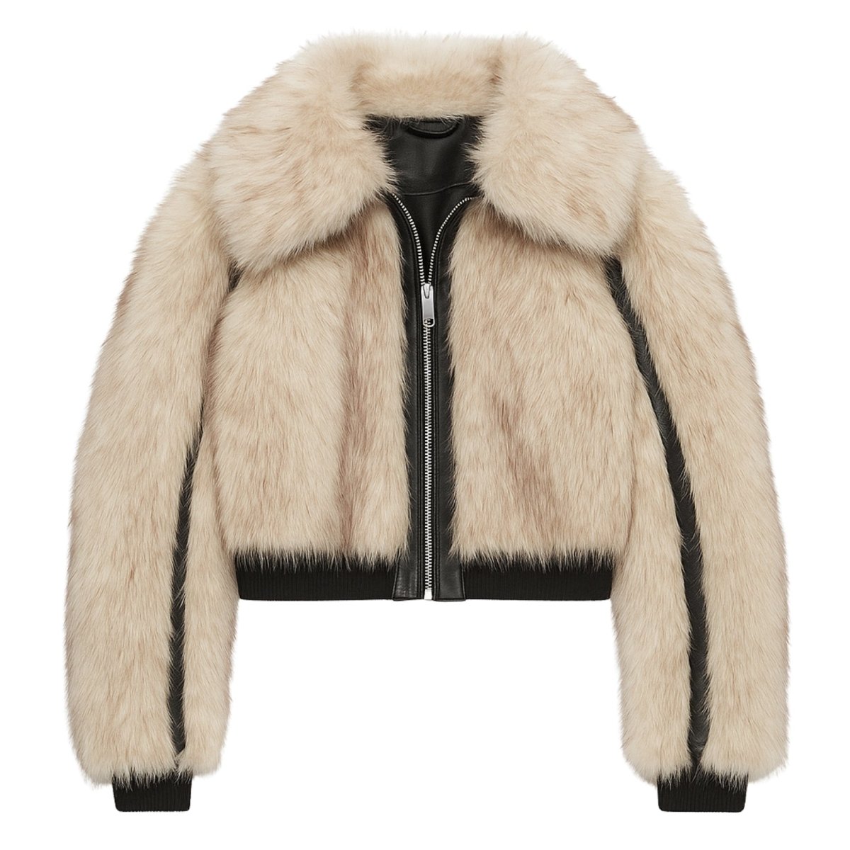 Beige fur Kouvr jacket with black accents on a white background