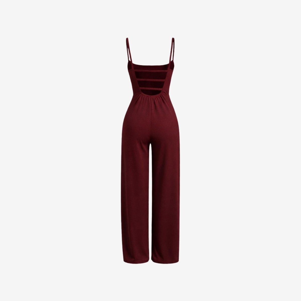 Back view flat lay of Kouvr wine red wide leg jumpsuit highlighting the statement multi-strap open back design.