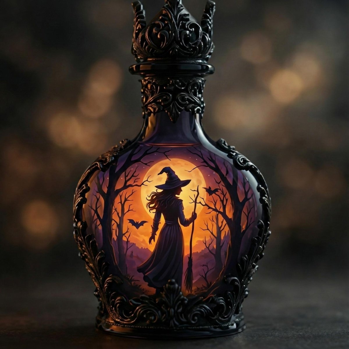 A decorative Kouvr potion bottle with a silhouette of a witch against a large orange full moon, framed by bare trees and black ornate details.