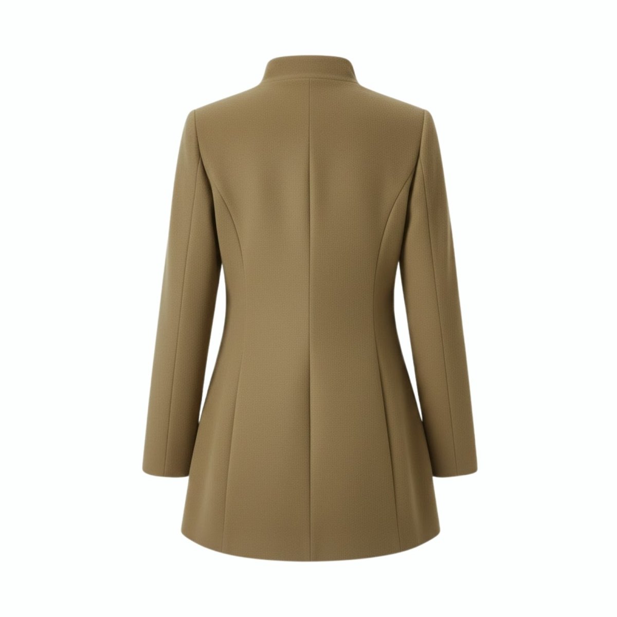 Product-only image showing the back of the Kouvr tailored khaki wool-blend coat.