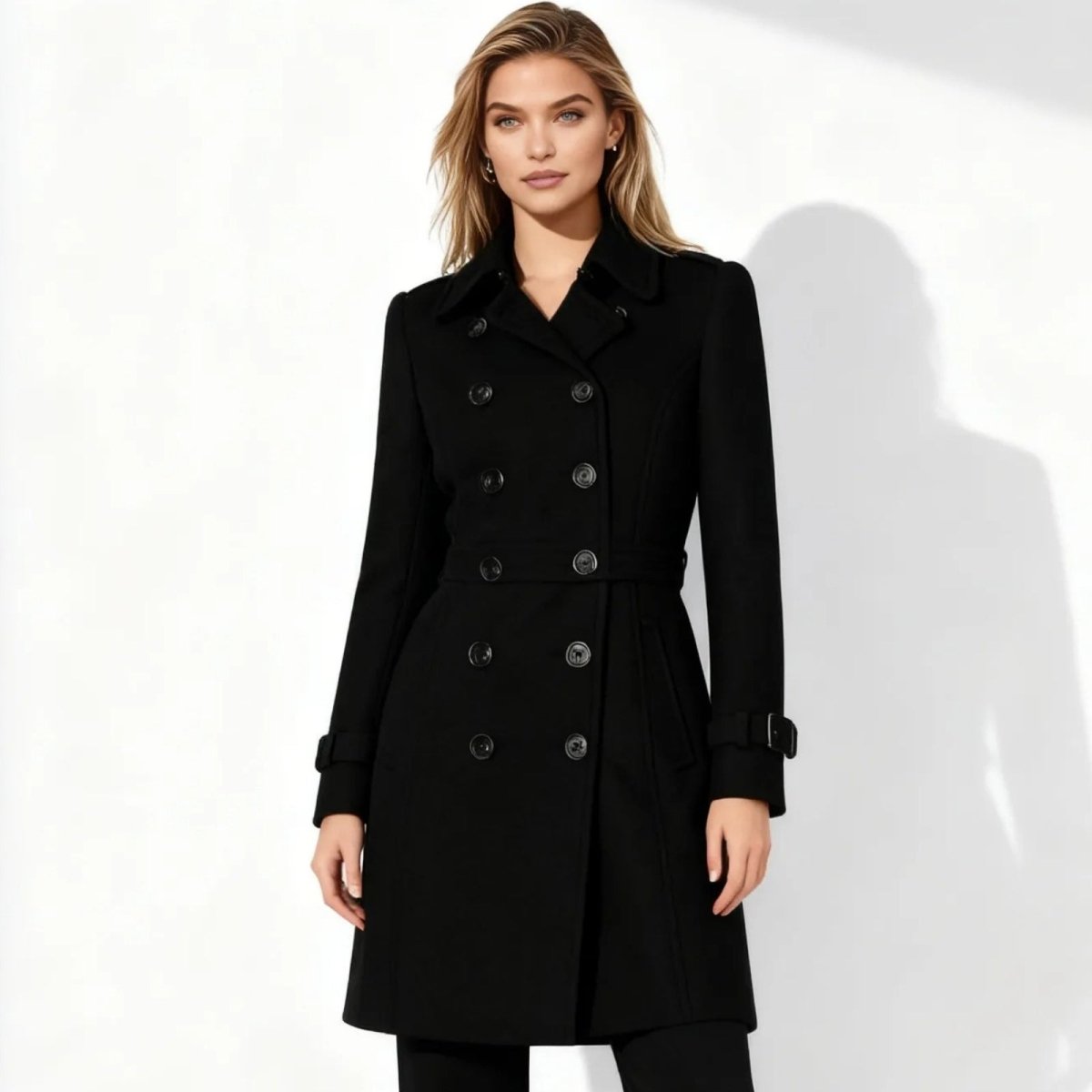 Woman wearing a black Kouvr coat on a white background