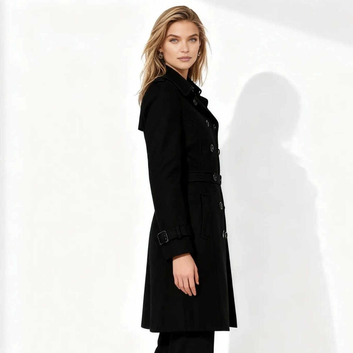 Woman wearing a black Kouvr coat on a white background