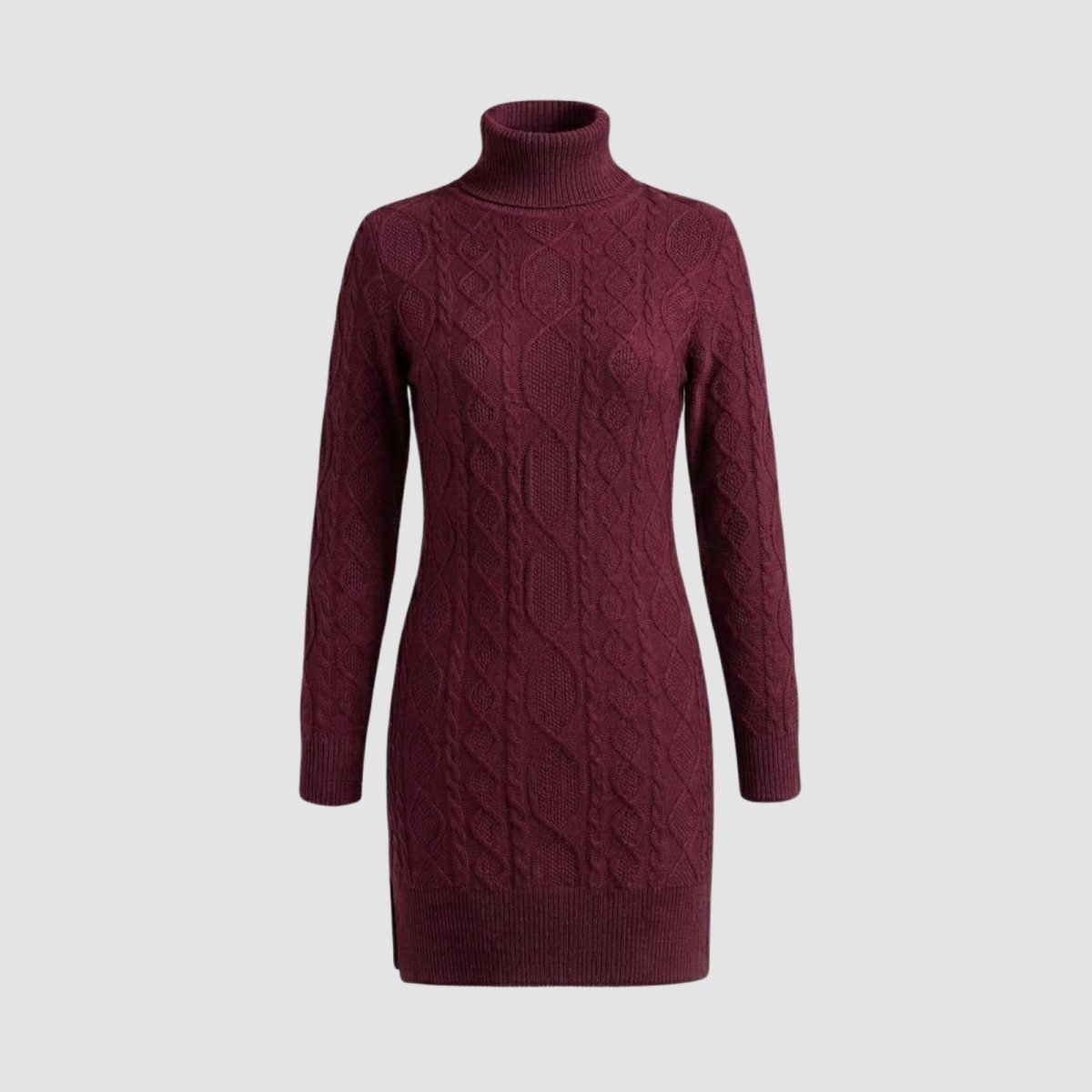 Product-only image of the Kouvr cable-knit sweater dress in burgundy, laid flat to show detail of the knit and turtleneck collar.
