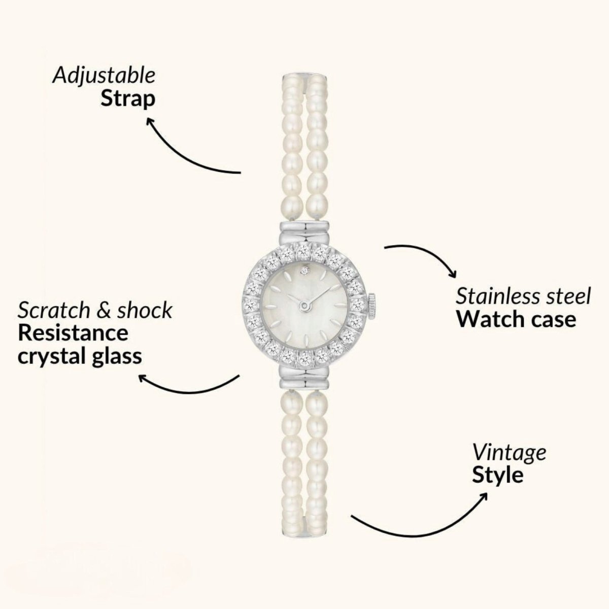 Kouvr watch with pearl strap and crystal glass on a white background