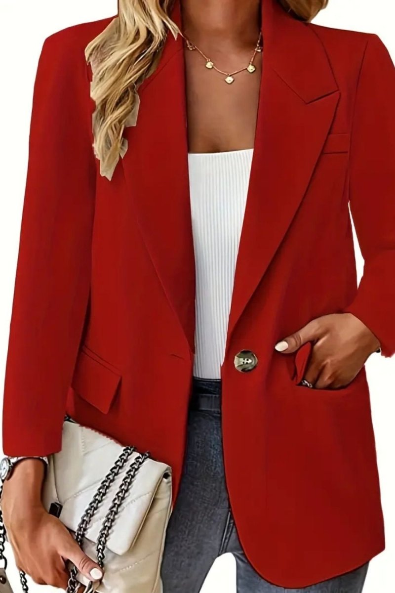 business casual outfit," "tailored fit jacket," "notched lapel blazer," "how to style a red blazer," and "statement jacket for women