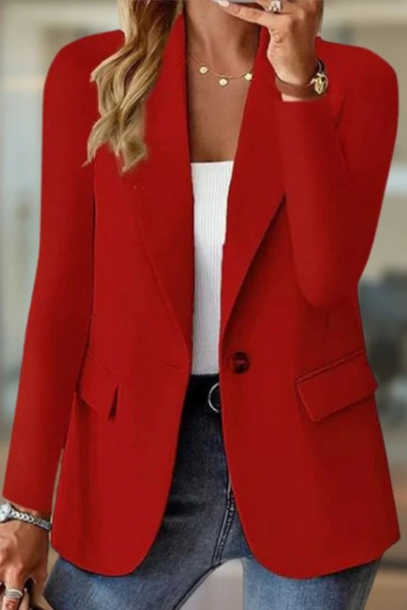 business casual outfit," "tailored fit jacket," "notched lapel blazer," "how to style a red blazer," and "statement jacket for women