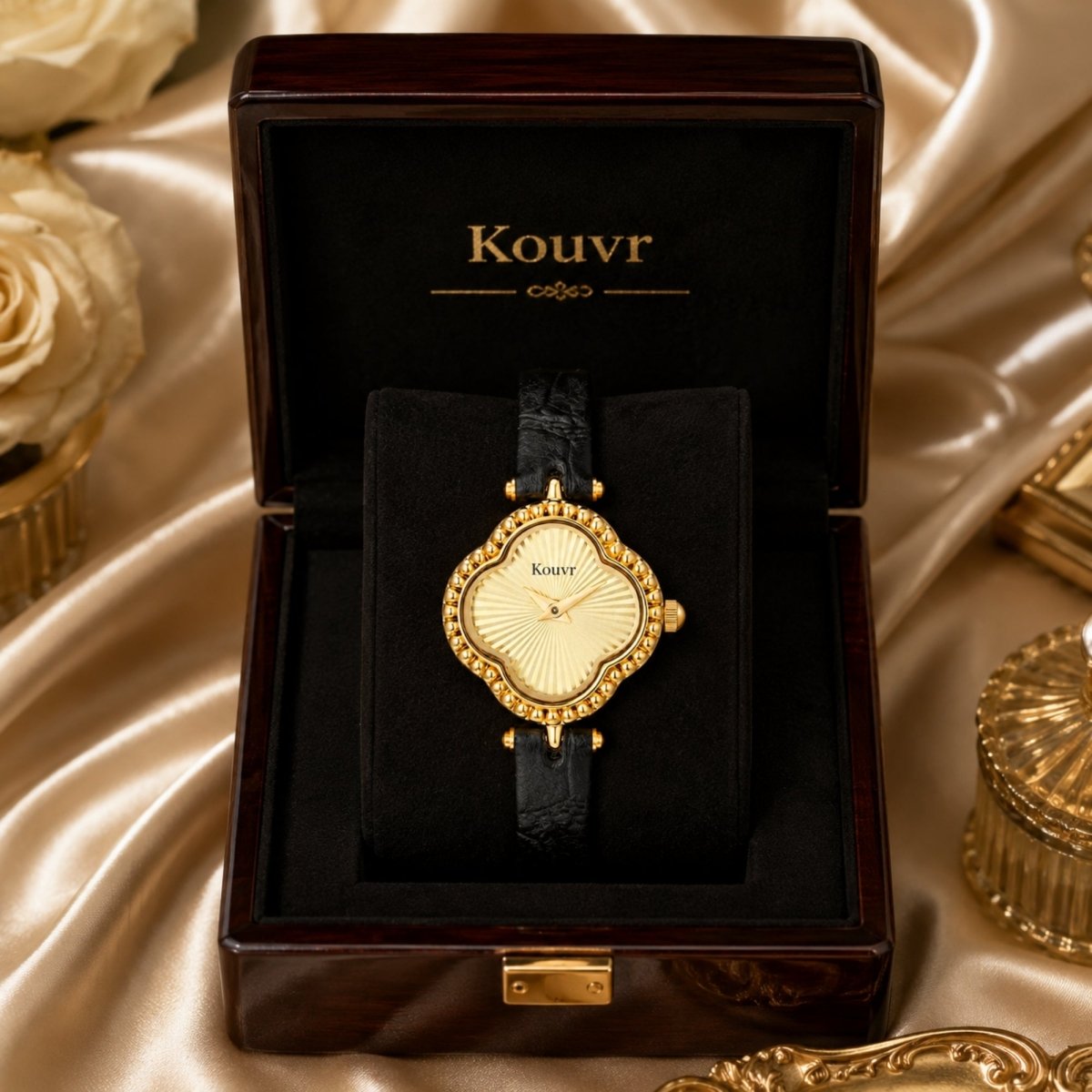 Kouvr vintage gold women's watch with a black leather strap beautifully displayed inside a luxury dark wood presentation box.