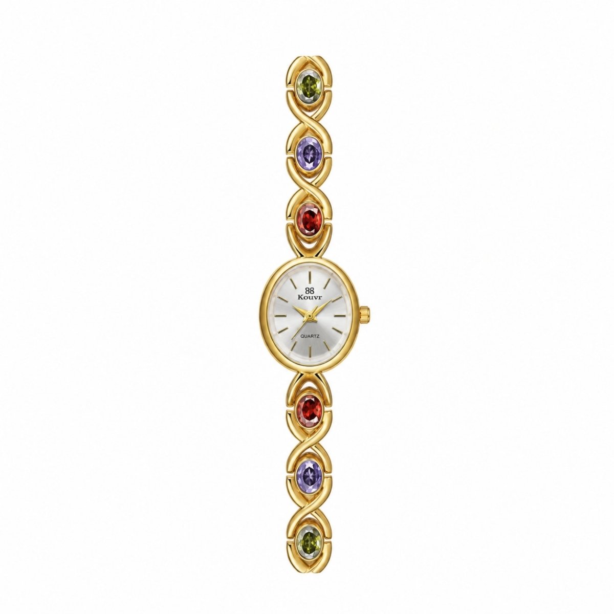 Front vertical view of the elegant Kouvr women's gold luxury watch featuring a multi-color gemstone infinity link bracelet and a classic white oval dial.