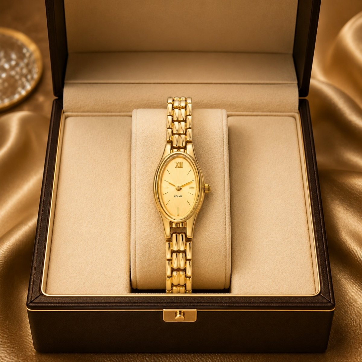 Women's dainty gold oval watch by Kouvr displayed in a premium brown luxury presentation box.