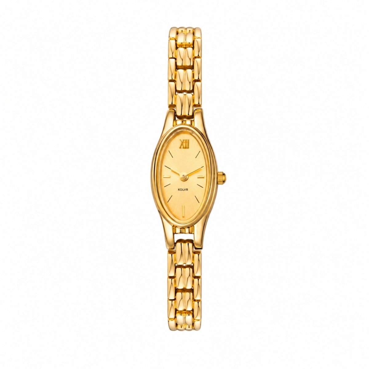 Front view of the Kouvr women's gold jewelry watch featuring a champagne oval dial and Roman numeral twelve.