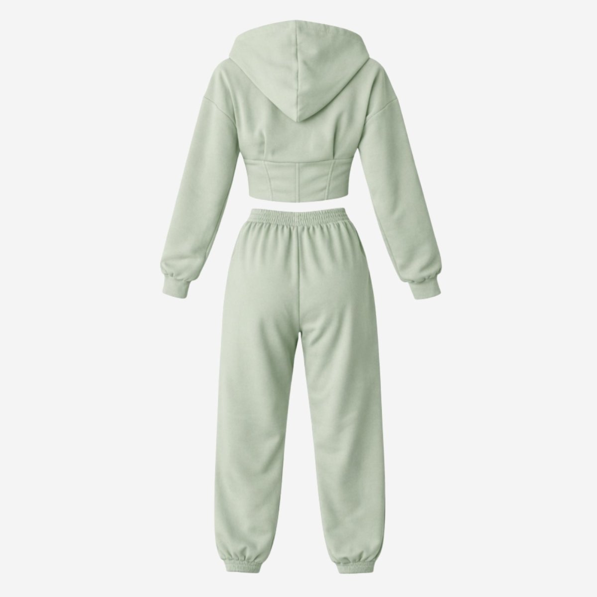 Flatlay of the Kouvr Fashion two-piece green loungewear set, showing the back and corset detailing of the cropped zip hoodie.