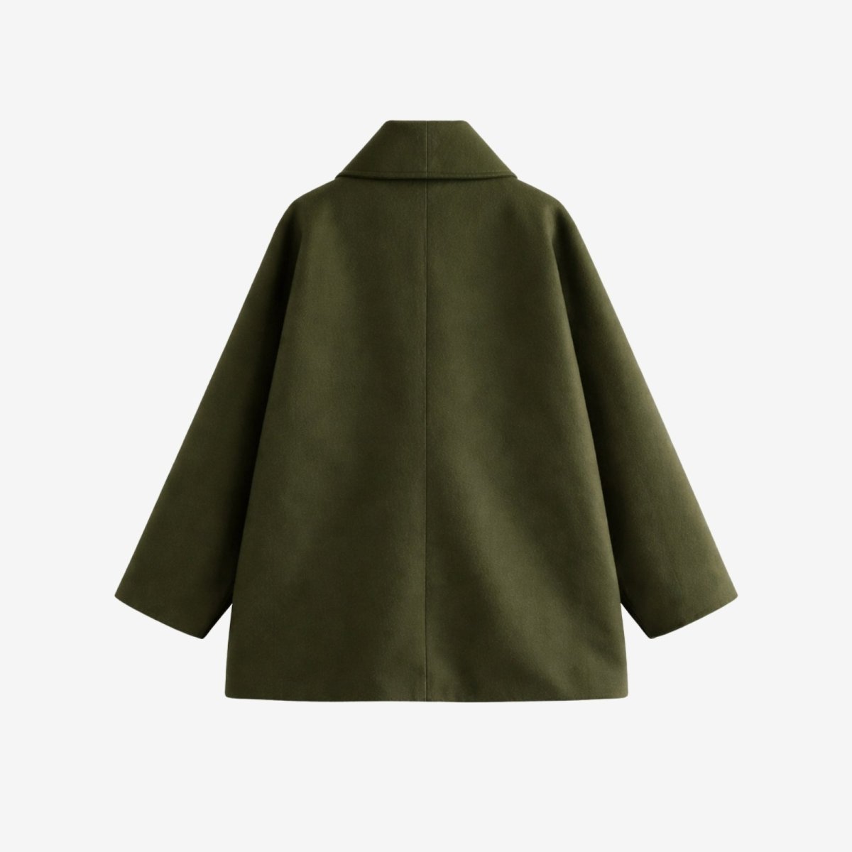 Flatlay showing the back of the Kouvr women's green wool coat, detailing the collar and shoulder construction.