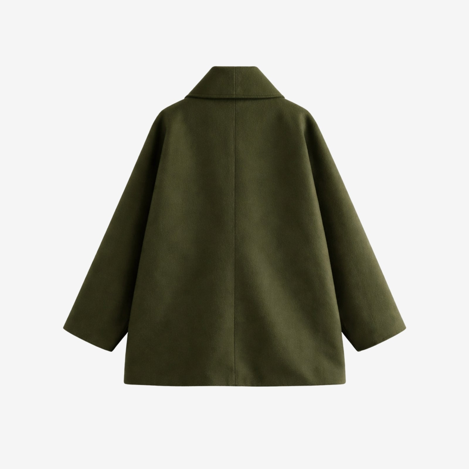 Flatlay showing the back of the Kouvr women's green wool coat, detailing the collar and shoulder construction.