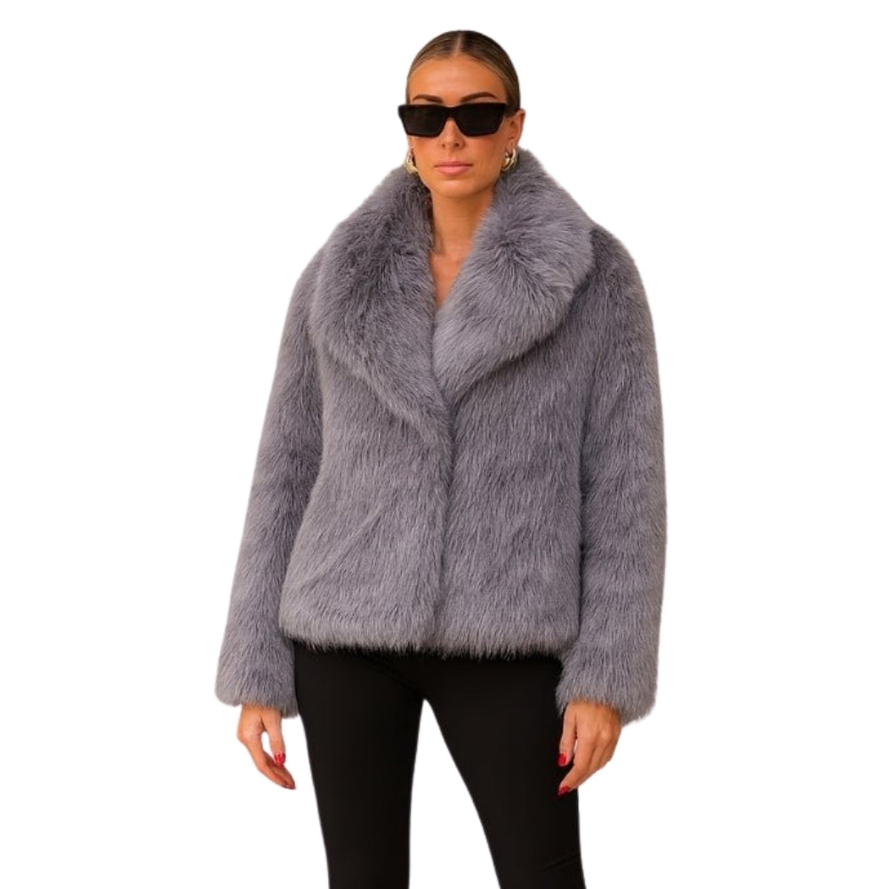 plush evening jacket", "vegan fur", "cruelty-free outerwear", "statement coat", "short fur jacket", and "glamorous winter style