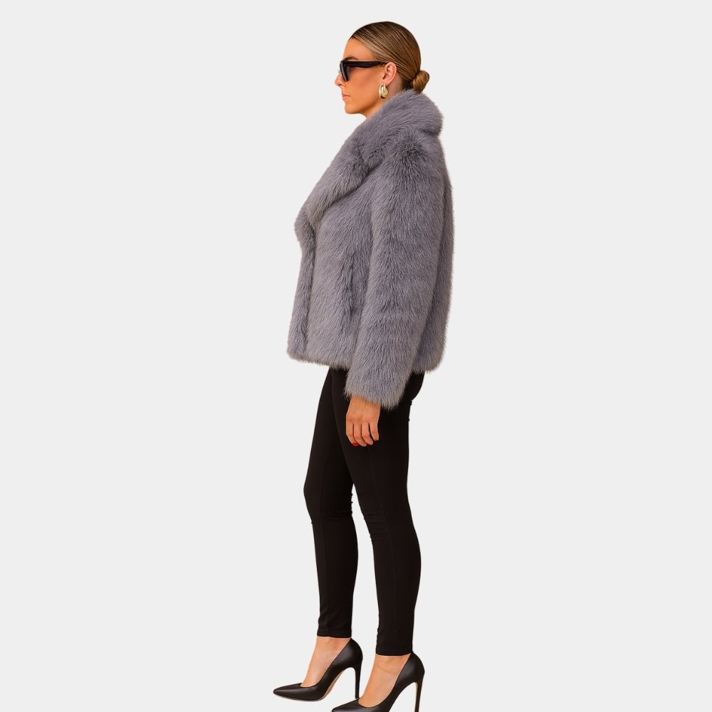plush evening jacket", "vegan fur", "cruelty-free outerwear", "statement coat", "short fur jacket", and "glamorous winter style