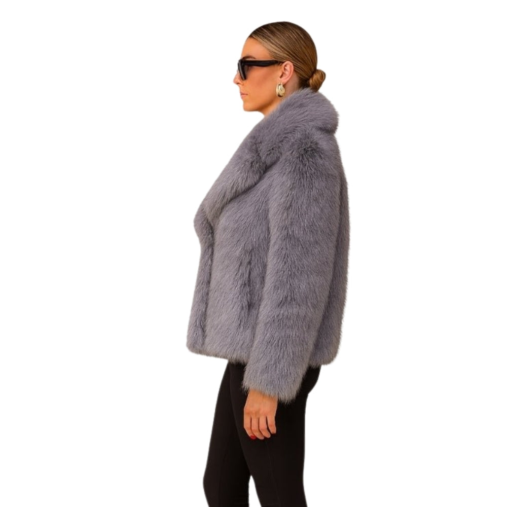 plush evening jacket", "vegan fur", "cruelty-free outerwear", "statement coat", "short fur jacket", and "glamorous winter style