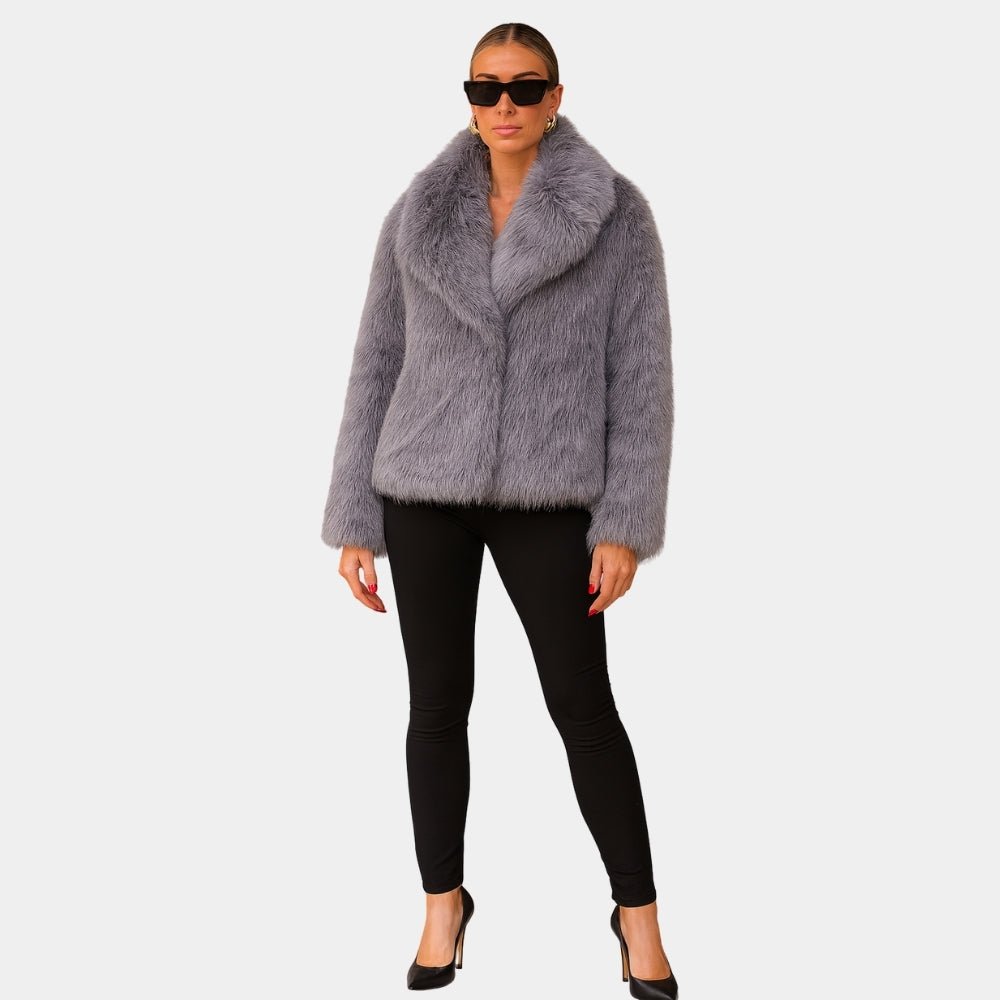 plush evening jacket", "vegan fur", "cruelty-free outerwear", "statement coat", "short fur jacket", and "glamorous winter style