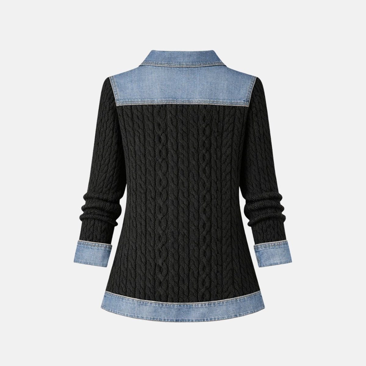 Flat lay back view of mixed media layering top showing textured black cable knit body and structured denim upper panel.