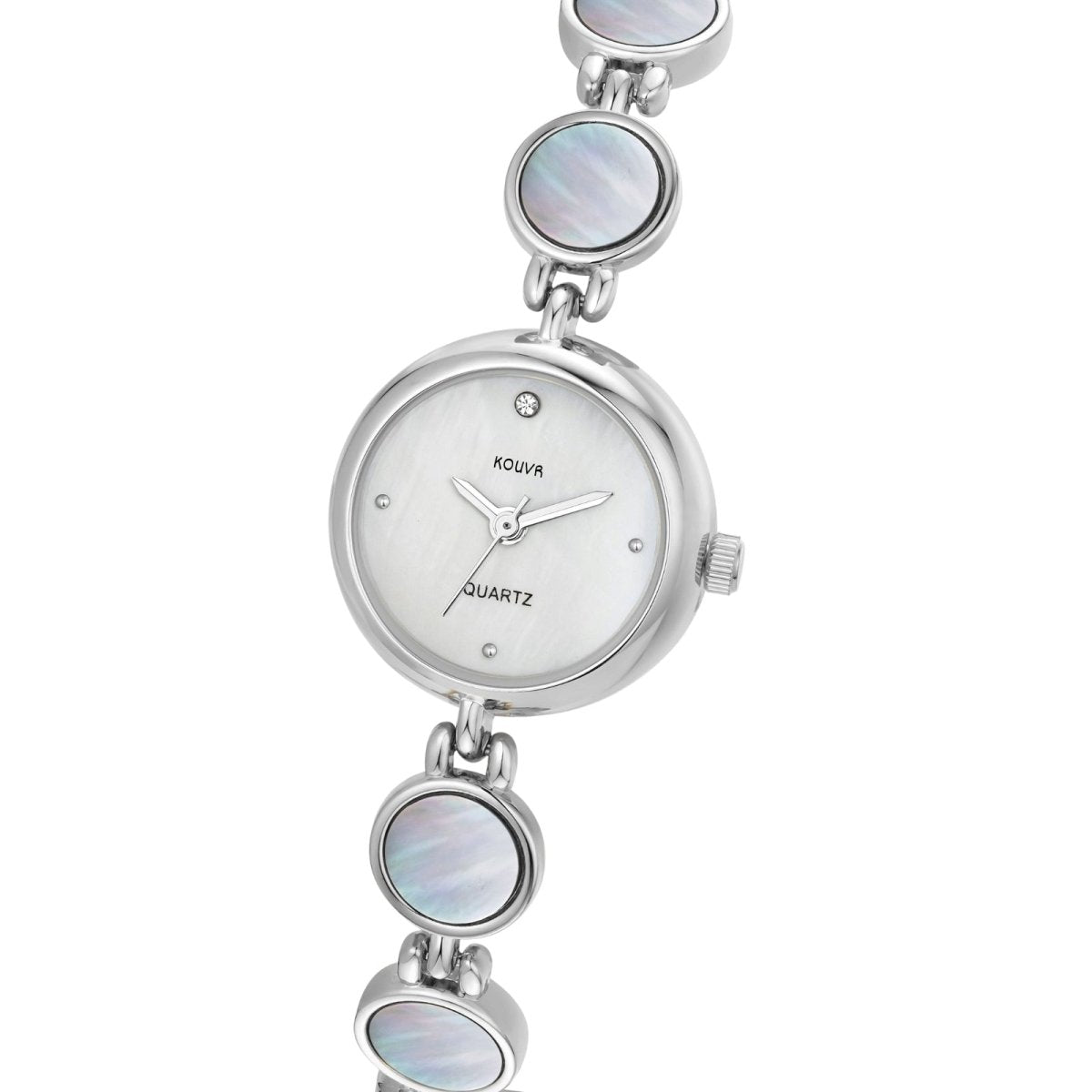 Side angle of the Kouvr Pearl silver Faelan  women's gold-tone and mother of pearl bracelet watch.