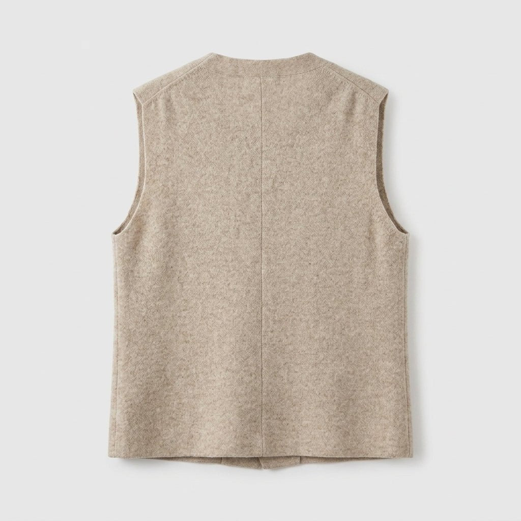 Flat lay back view of Kouvr beige structured knit sweater vest showing clean lines and premium felted fabric texture.