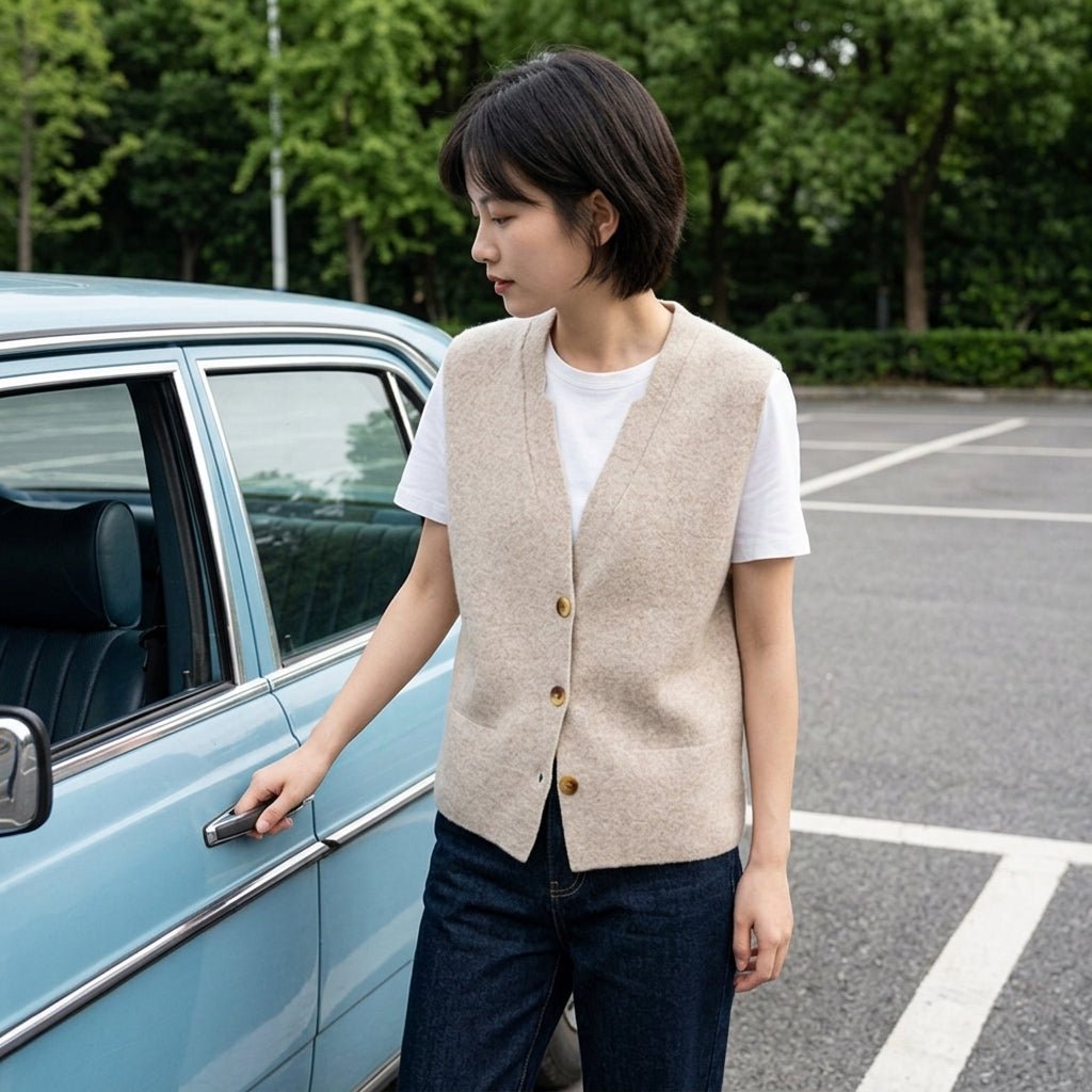Lifestyle shot of a stylish woman opening a vintage blue car door wearing the Kouvr oatmeal beige knit button-up vest with dark denim.