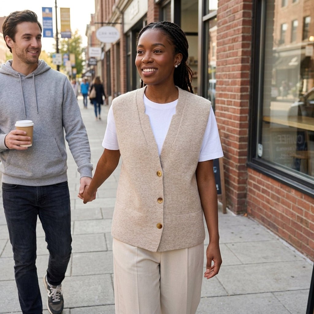 Happy couple walking down a city street, woman is wearing the Kouvr affordable luxury beige knit sweater vest over a white tee and neutral trousers.