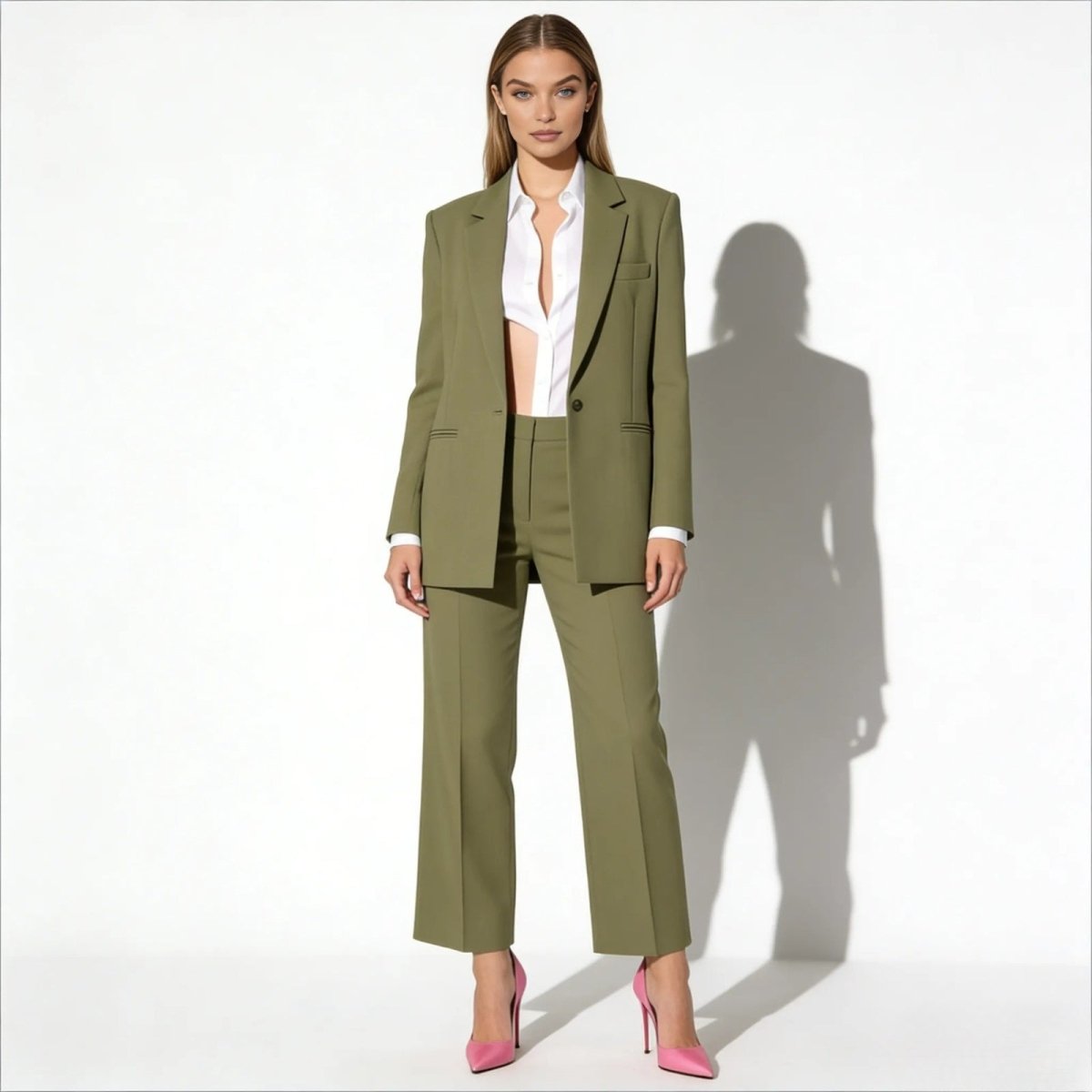 Model wearing the Kouvr Fashion olive green relaxed fit women's suit with a single-breasted blazer and wide-leg trousers, styled with pink heels and a white shirt.