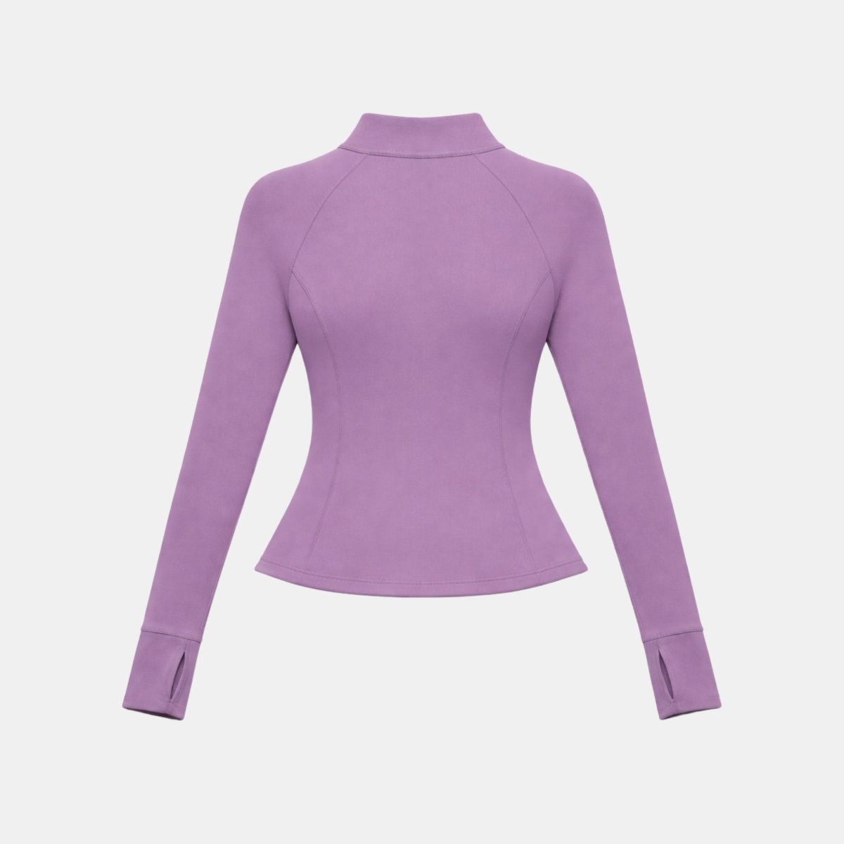 Flat lay back view of Kouvr women's purple workout jacket showing back princess seaming and flared hem
