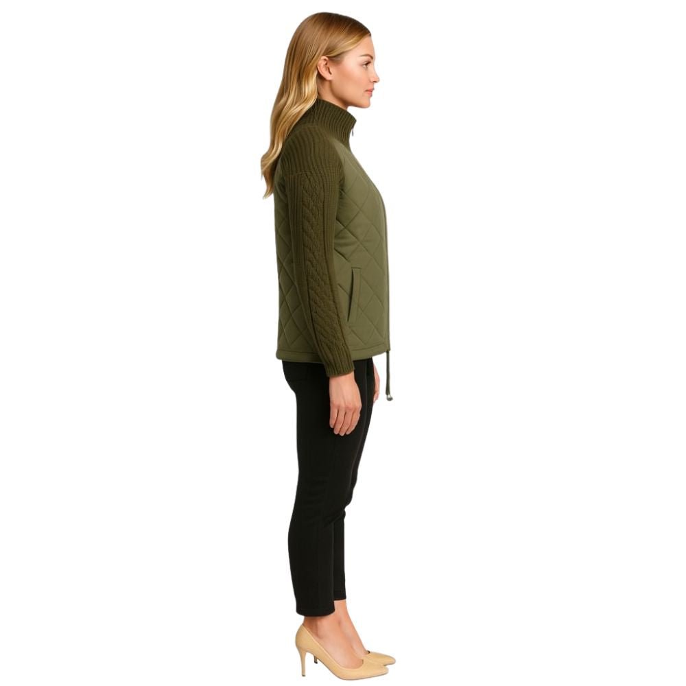 Woman wearing the Kouvr Army Green Quilted Hybrid Jacket with Merino Wool Knit Sleeves