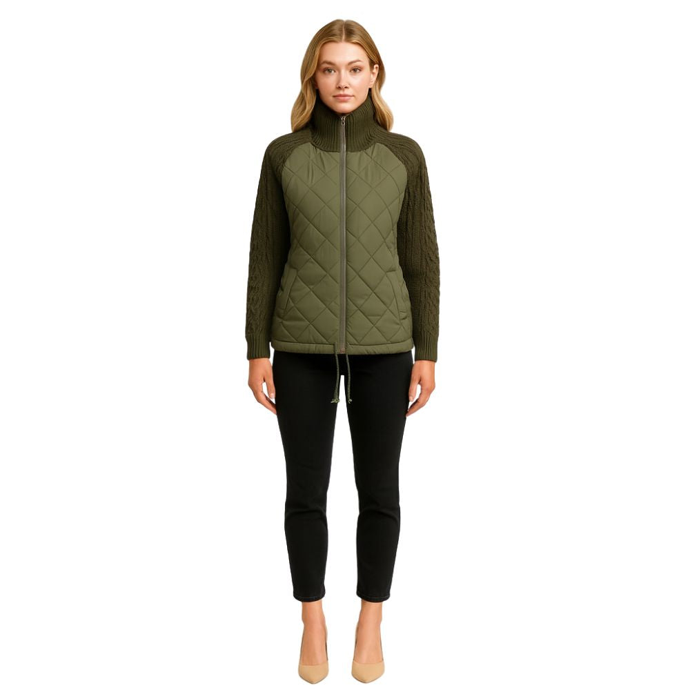 Woman wearing the Kouvr Army Green Quilted Hybrid Jacket with Merino Wool Knit Sleeves