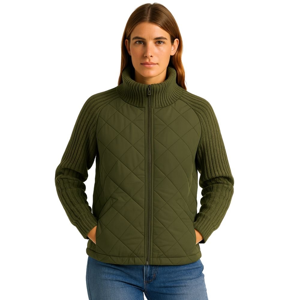 Woman wearing the Kouvr Army Green Quilted Hybrid Jacket with Merino Wool Knit Sleeves
