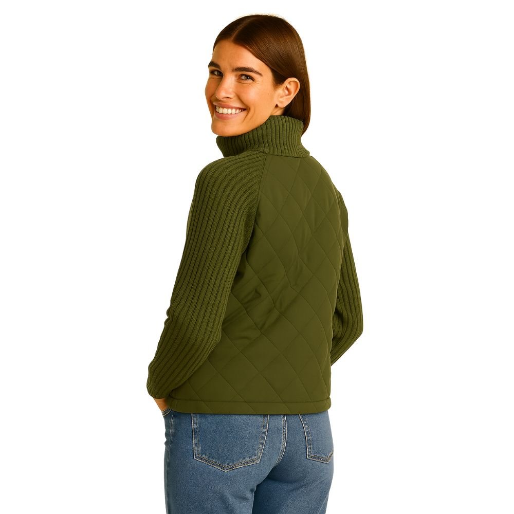 Woman wearing the Kouvr Army Green Quilted Hybrid Jacket with Merino Wool Knit Sleeves