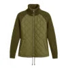 Woman wearing the Kouvr Army Green Quilted Hybrid Jacket with Merino Wool Knit Sleeves
