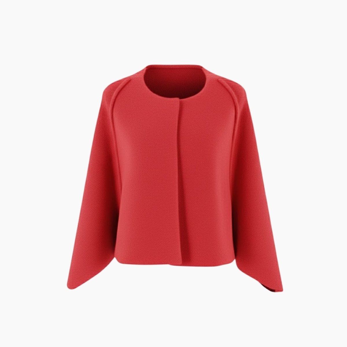 Front product shot of the Kouvr structured red cape jacket for women against a white background.