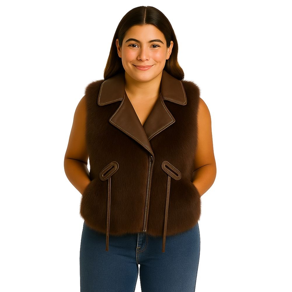 A model wears the Kouvr women's sable mink fur and Nappa leather vest in dark brown, paired with blue jeans.