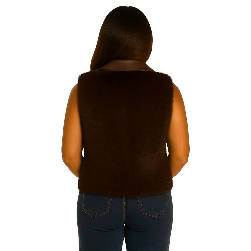 A model wears the Kouvr women's sable mink fur and Nappa leather vest in dark brown, paired with blue jeans.
