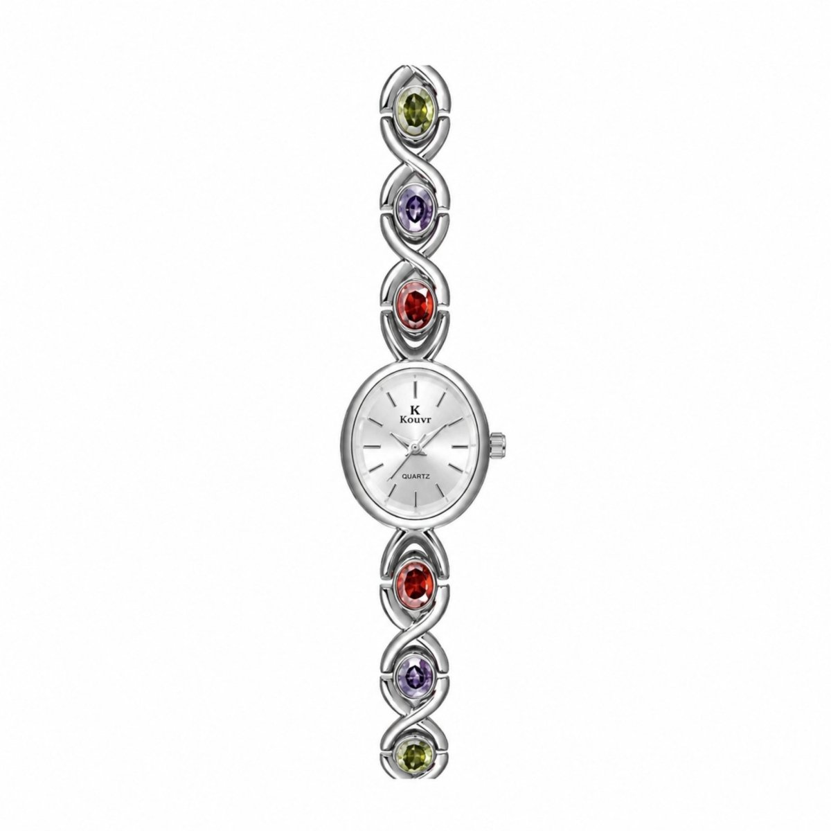 Front vertical view of the silver-tone Kouvr women's luxury watch showing the detailed oval watch face and multi-colored jewel-encrusted infinity bracelet.