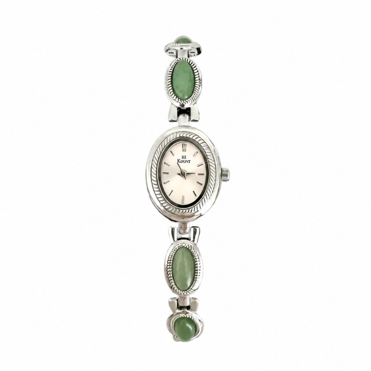 Kouvr elegant women's silver tone bracelet watch featuring an oval face and polished green stones.