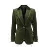 Product shot of a single-breasted army green velvet blazer for women, highlighting the peak lapels and gold button.