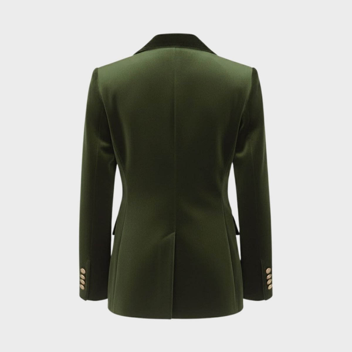 Flat lay back shot of the Kouvr tailored army green velvet jacket, detailing the seam work and gold cuff buttons.