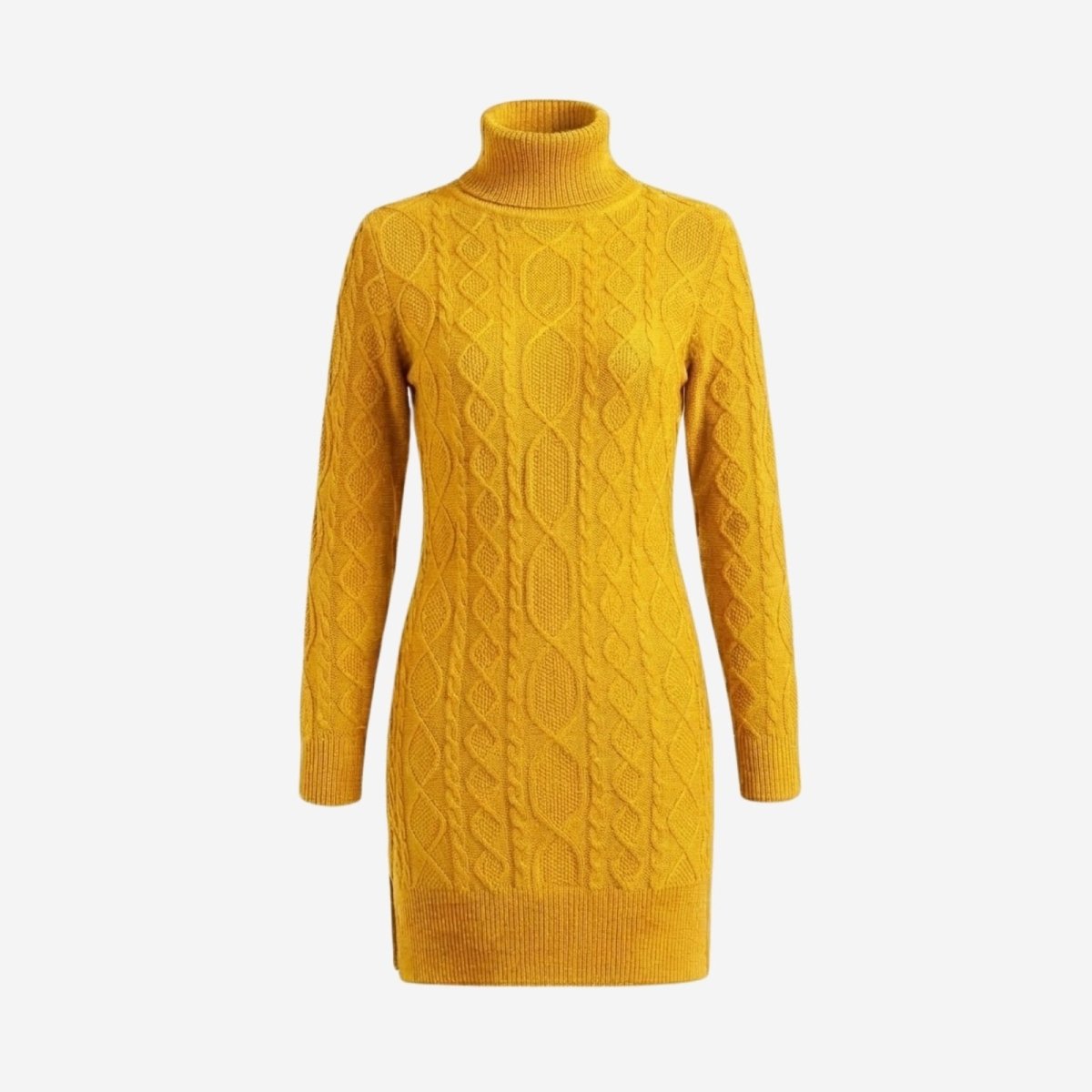Front view product shot of a Kouvr erza yellow turtleneck sweater dress, laid flat to display the full cable-knit texture and design.