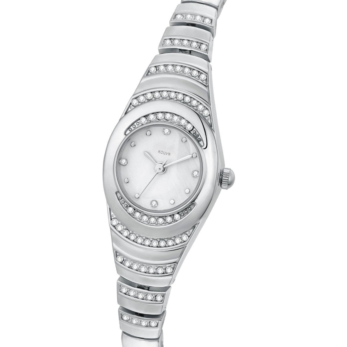 Silver kouvr watch with diamond-studded band on a white background
